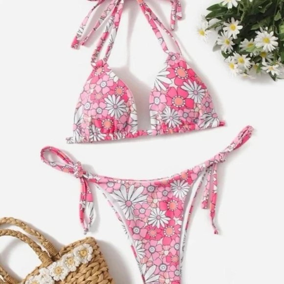 Bohemian Style Pink Daisy Floral Side Tie Halter Bikini